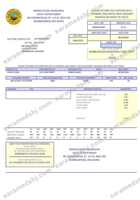 USA Marblehead Municipal Light Department utility bill template in Word and PDF format